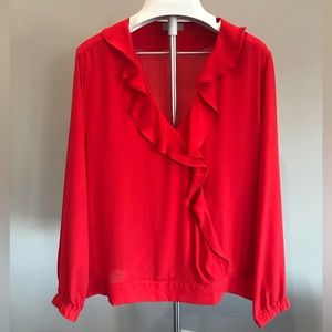 LOFT XL red long-sleeve flowy blouse with ruffling detail, excellent condition